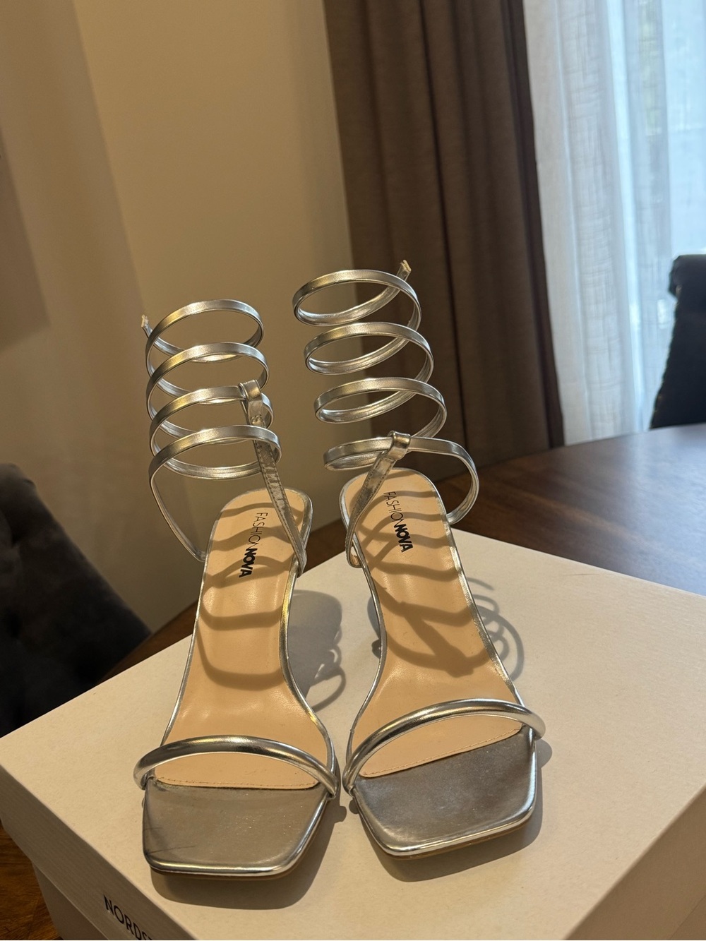 Fashion Nova Metallic Silver Spiral Wrap Stiletto Heels